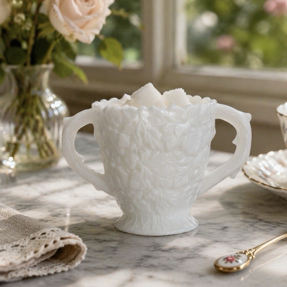 WESTMORELAND White Milk Glass Open Sugar Bowl Bramble Maple Leaf Double Handle
